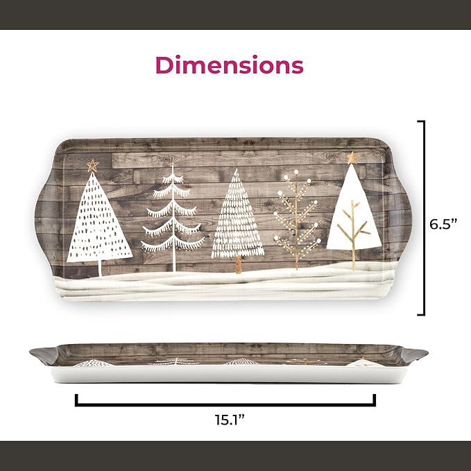 Pimpernel Home Collection Rectangular Melamine Tray – (15" x 6.5") Lightweight Serving Platter with Wood Finish & White Evergreen Design, Decorative Accent for Tabletop, Dining & Entertaining