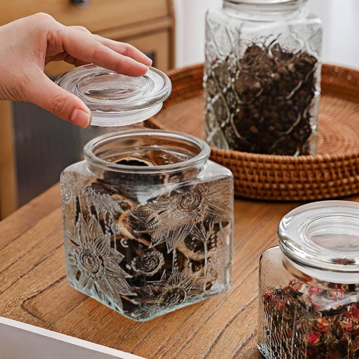 ANSQU Airtight Small Square Glass Jars with Lids, 17oz Food Storage Jar Clear Storage Container with Glass Lid for Kitchen Canning, Cereal, Sugar, Beans, Spice, Mason Jars
