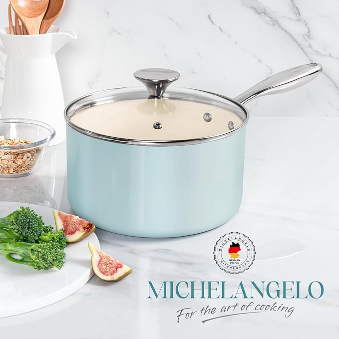 MICHELANGELO 3 Quart Saucepan with Lid - Non Toxic Sauce Pan with Nonstick Ceramic Coating, Scratch-Resistant, Induction Saucepan Suitable for All Stovetops, Light Blue