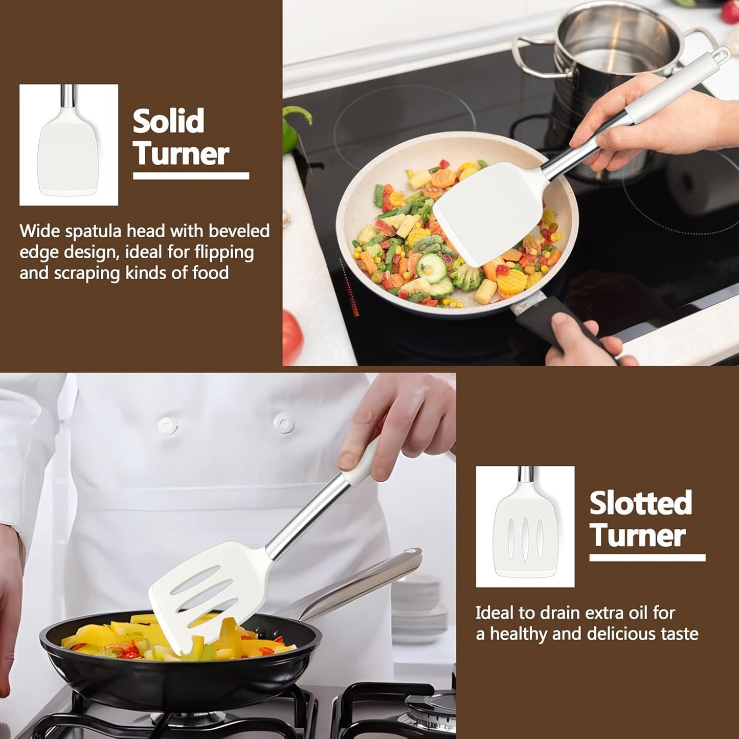 P&P CHEF White Kitchen Cooking Utensil Set of 4, Silicone Solid Spatulas Slotted Spoons Turners for Non-stick Cookware Flipping Mixing, Heat-proof