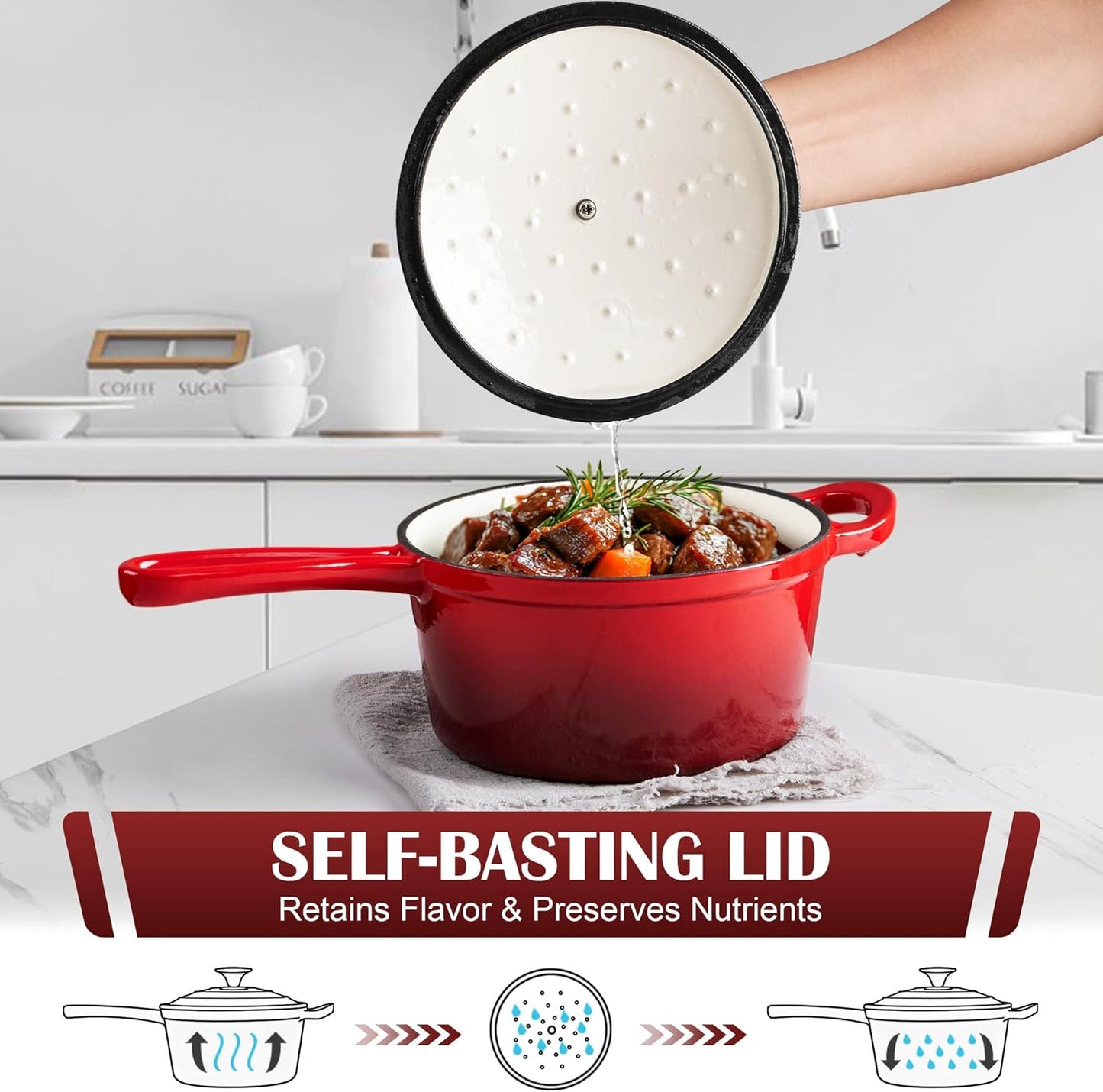 E-far Sauce Pan Set with Lid, 1Qt & 2Qt Enameled Cast Iron Pot Sets for Kitchen Cooking, Small Heavy Duty Dutch Oven Saucepans & Self-basting Lids, Induction-Ready & Easy Clean, Red