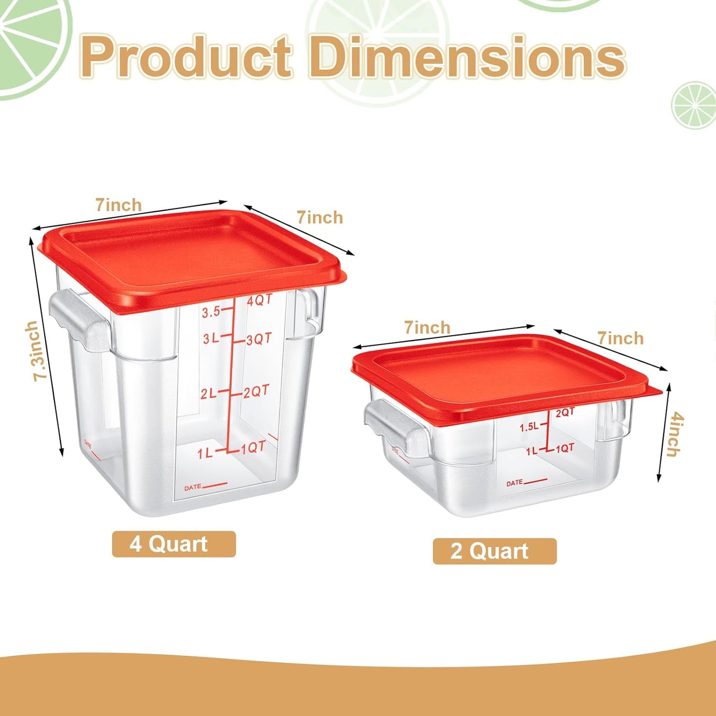 Barydat 4 Pcs Food Storage Container with Lids 2Qt and 4Qt Square Commercial Containers with Scales and Handles Polycarbonate Clear Food Storage for Kitchen Proof Dough Marinating Meat(Red)
