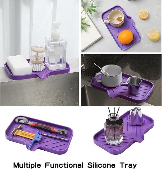 Silicone Bathroom Soap Dishes with Drain Spout-Bathroom and Kitchen Sink Organizer,Sponge Holder,Dish Soap Tray,Perfect for Dispenser,Scrubber,Bottle,Cup on Sink or Counter-Purple 9.6"×5.3"
