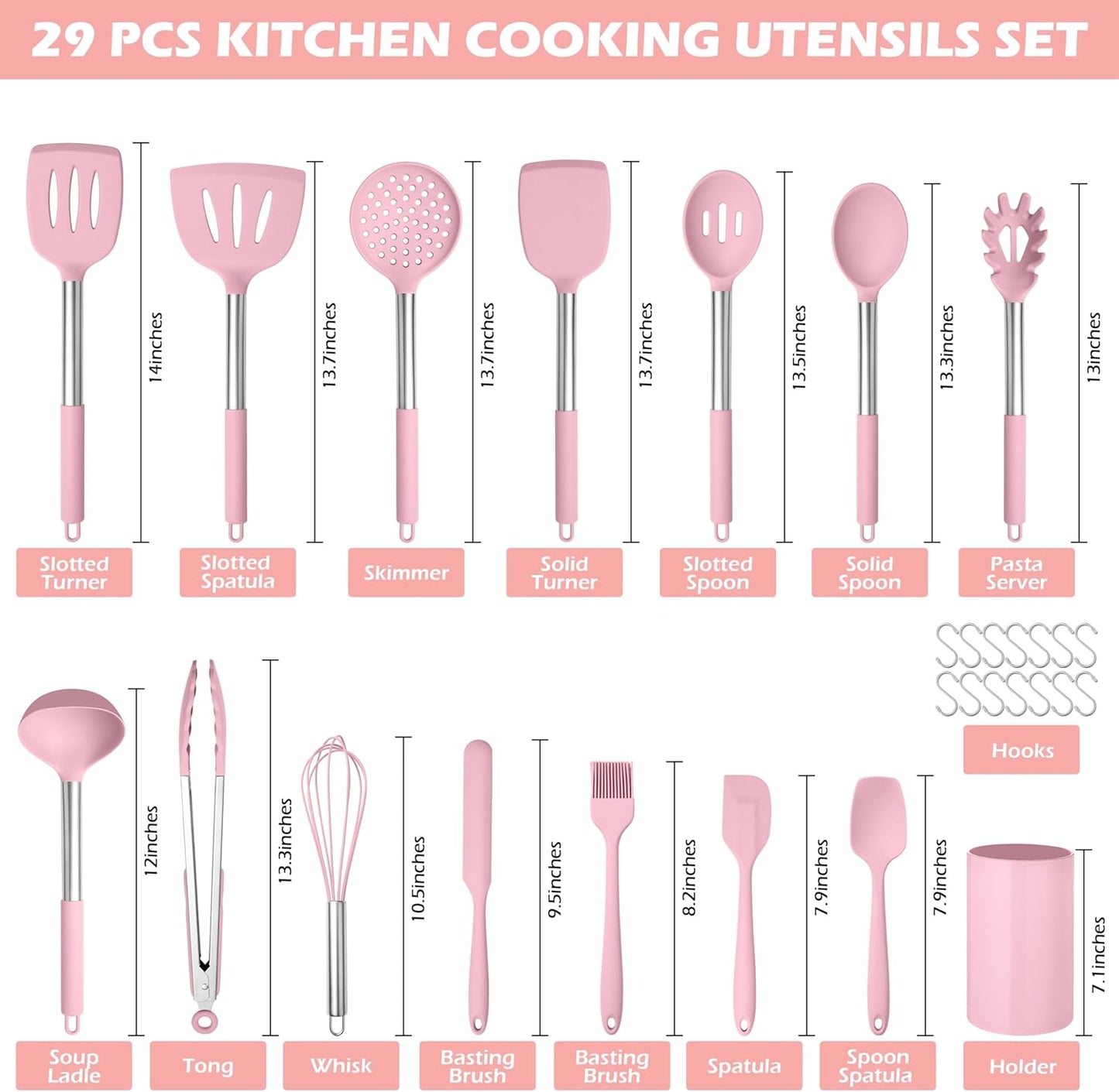 HaWare 29 PCS Silicone Cooking Utensils Set, Heat Resistant Kitchen Utensils Set with Stainless Steel Handle, Spatula Sets with Holder and Hooks, Kitchen Tools Gadgets for Nonstick Cookware -Pink