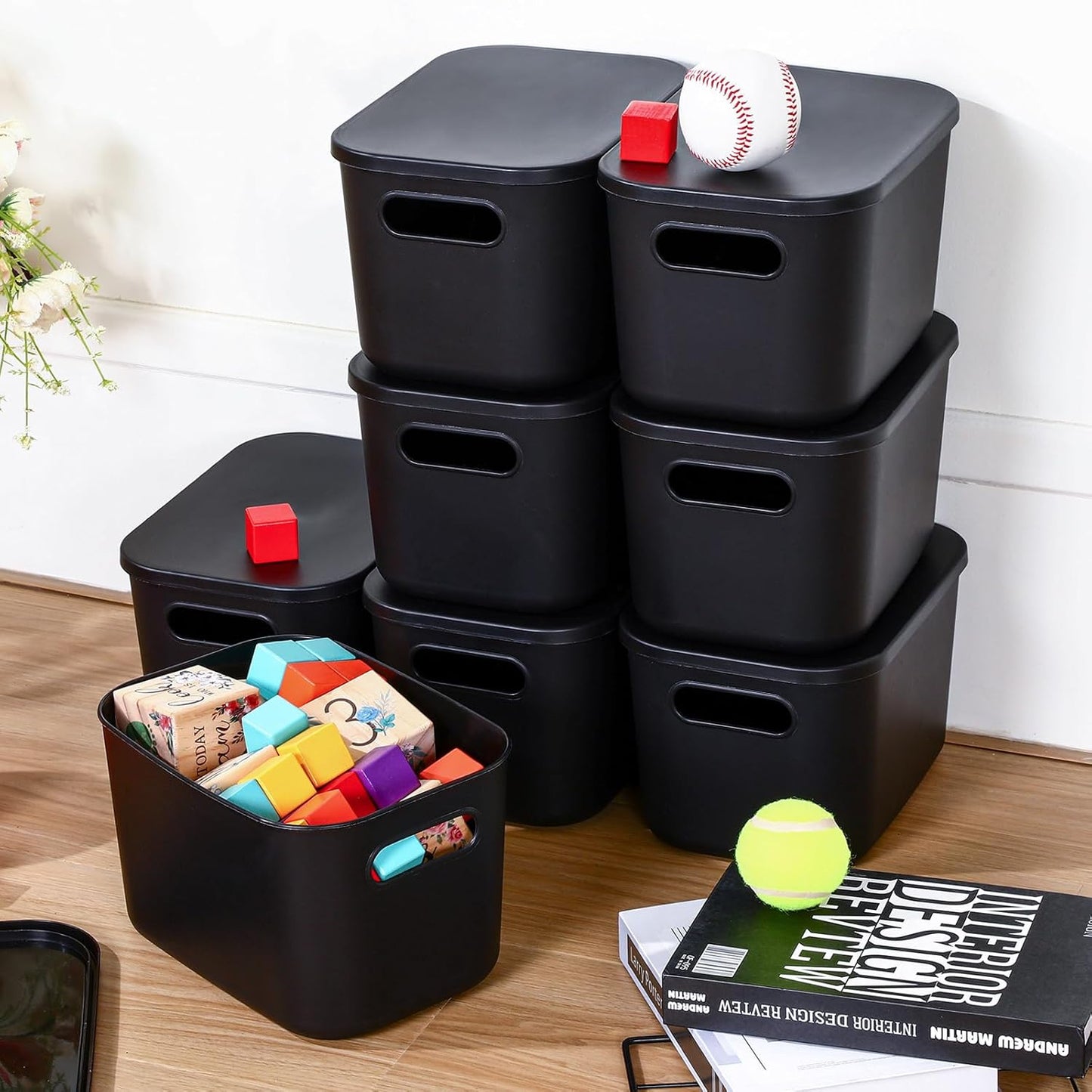 Hoolerry 8 Pieces Colorful Storage Bins with Lid, Plastic Storage Basket Organizing Container Stackable Box with Handle for Shelves Desktop Playroom Office(9.8 x 7.1 x 6.3 Inch,Black)