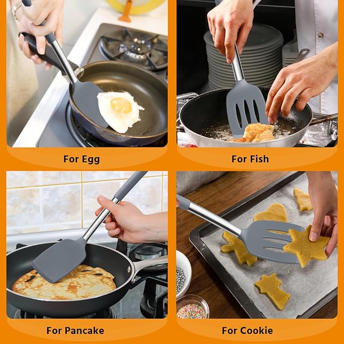 Silicone Spatula Set of 2, E-far Solid & Slotted Turner for Nonstick Cookware, Heat Resistant Rubber Kitchen Cooking Utensils for Flipping Fish Pancake Egg - Grey