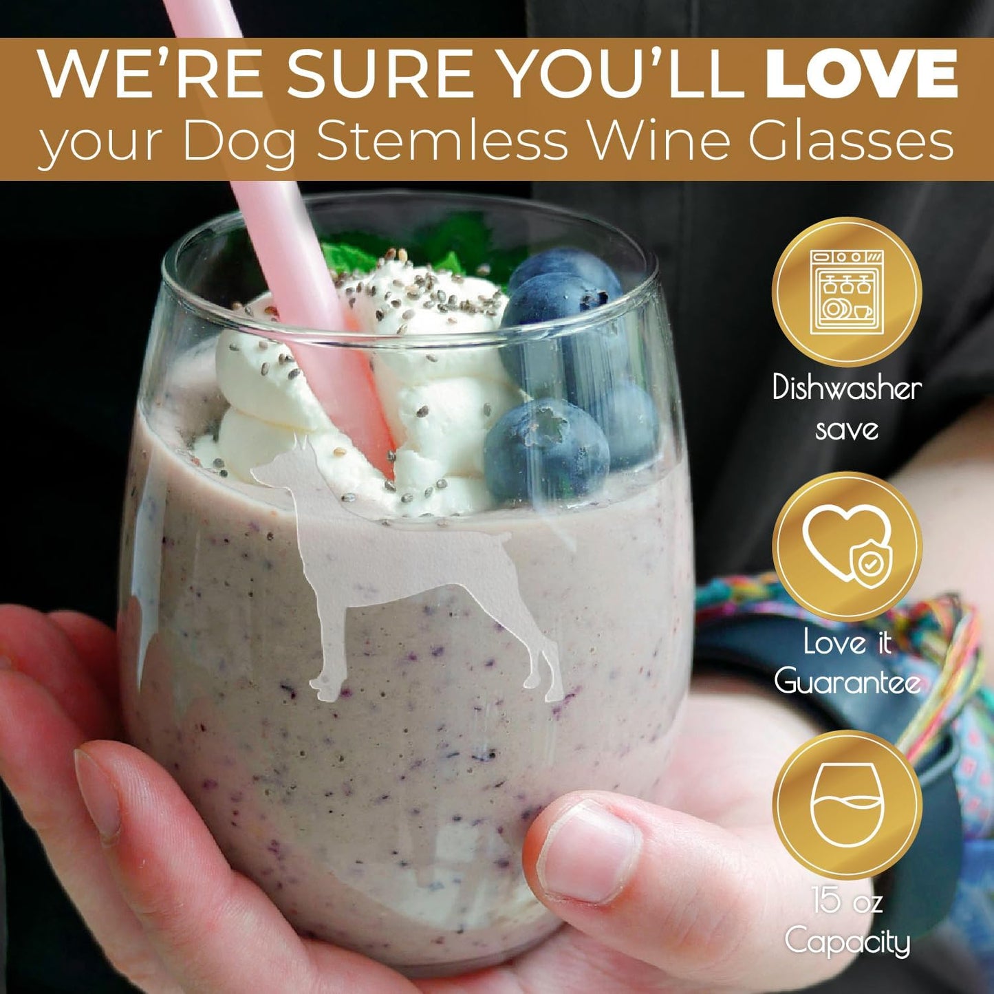 Doberman Stemless Wine Glasses (Set of 2) | Unique Gift for Dog Lovers | Hand Etched with Breed Name on Bottom