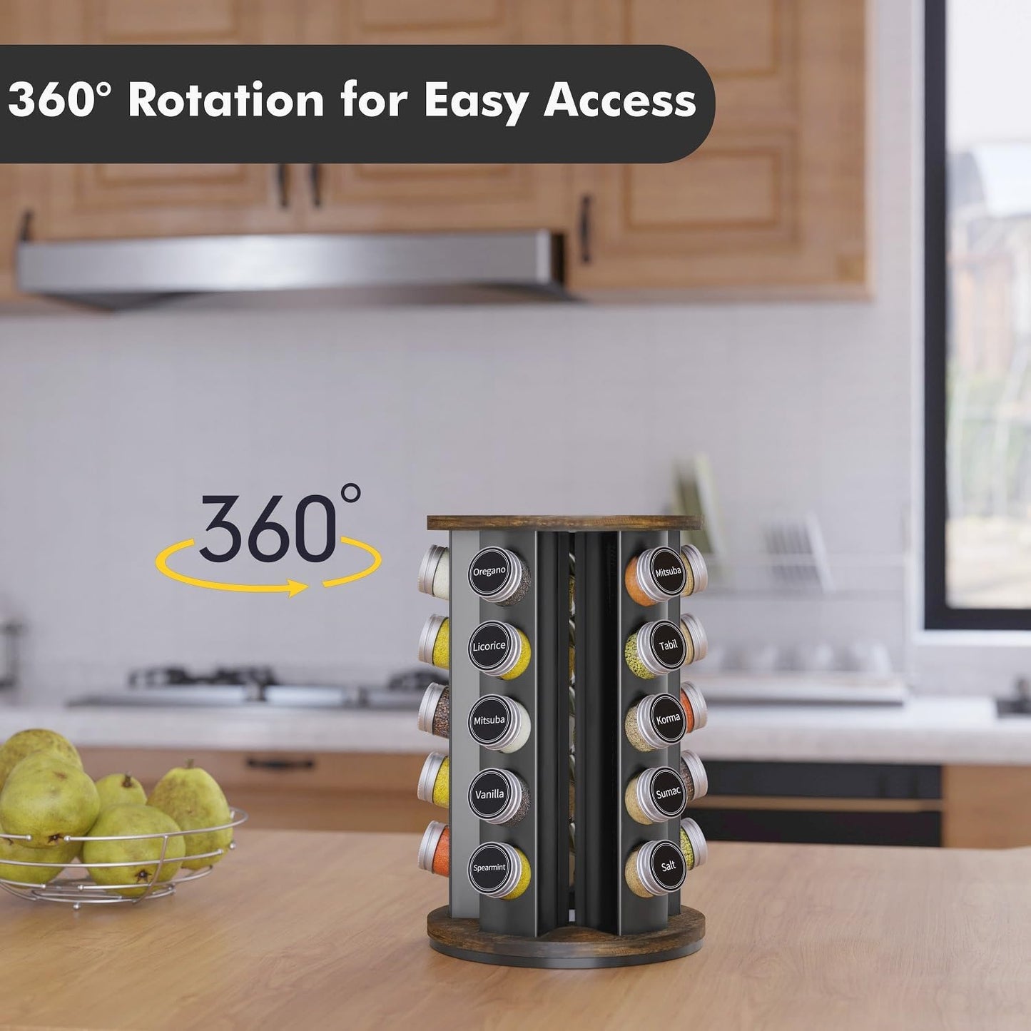 New England Stories Revolving Spice Rack Set with 30 Spice Jars, Kitchen Spice Tower Organizer for Countertop or Cabinet - Carousel Storage Includes 386 Spice Labels