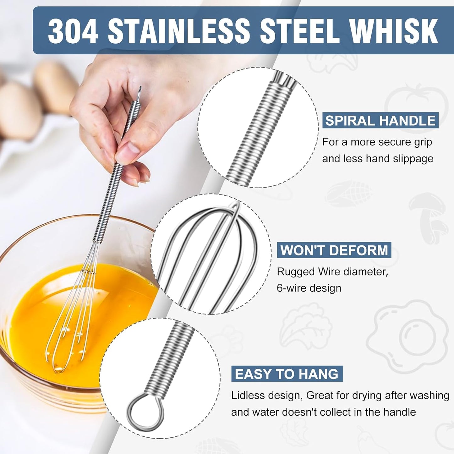 Walfos Mini Whisk,304 Anti-Rust Small whisk,Sturdy Stainless Steel Wire Tiny Whisks 6+7+8in,Ideal for mixing individual eggs, jams, spices and other small portion ingredients.(3pcs）