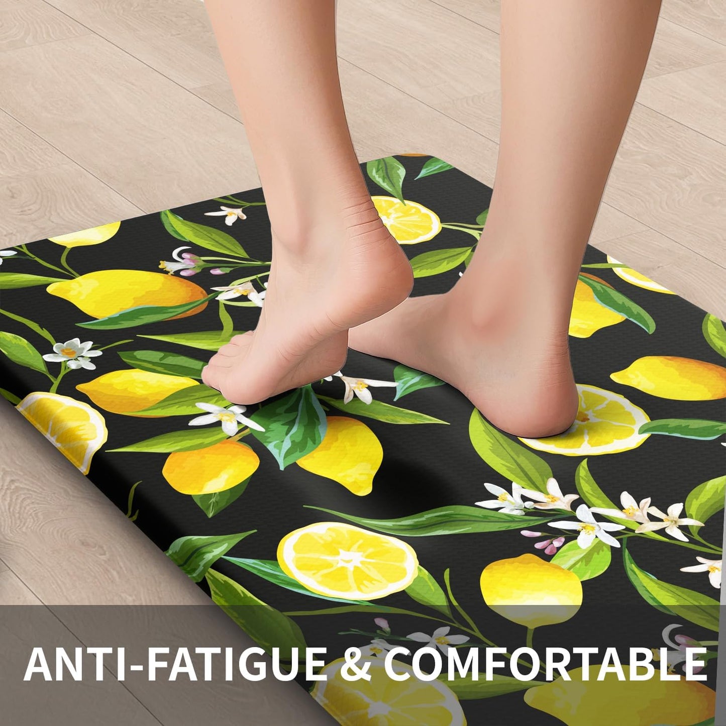 Lemon Kitchen Mats for Floor Set of 2 - Anti Fatigue Mats for Kitchen Floor, Cushioned Non-Skid Washable Memory Foam Rug for Office, Sink, Laundry (17.3"×29"+17.3"×47"-0.47") Black