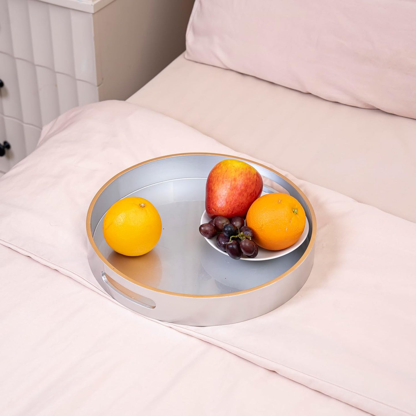 PEMAR 12.6" Round Lacquer Serving Tray with Insert Handle Decorative Basket Tray for Breakfast, Dinner, Coffee Table Decor (Silver)