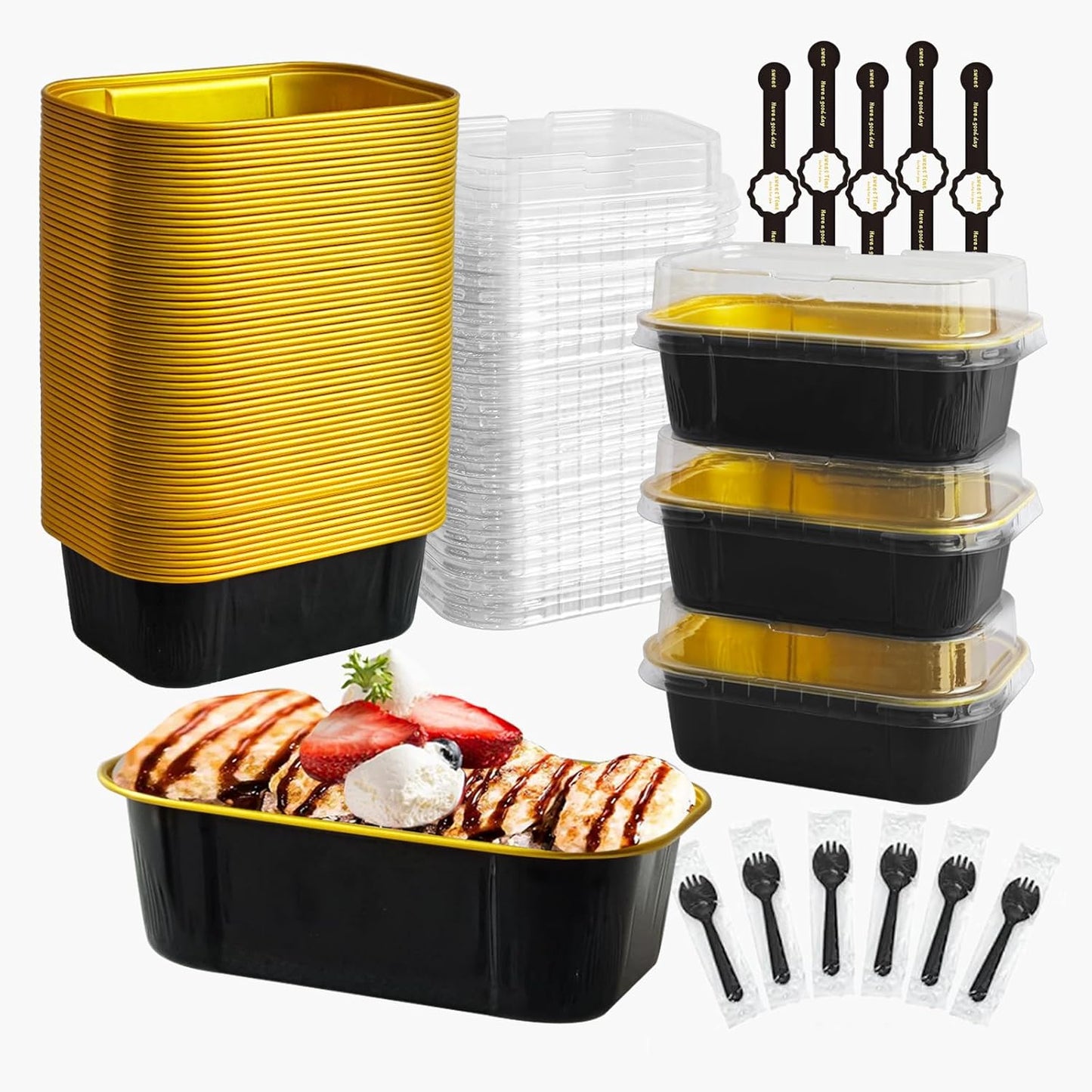 mini loaf pans with lids and spoons 50 Pack,5.5 oz Rectangle mini individual cake tins Disposable Small Aluminum Foil Baking pans (50, Black)