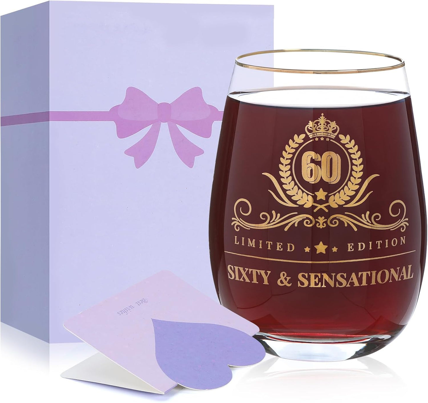 60th Birthday Gifts for Women - Gold Accent Stemless Wine Glass with Premium Gift Box and Blank Card, Cool 60th Birthday Gifts for Mom, Grandmother, Wife (Sixty & Sensational)