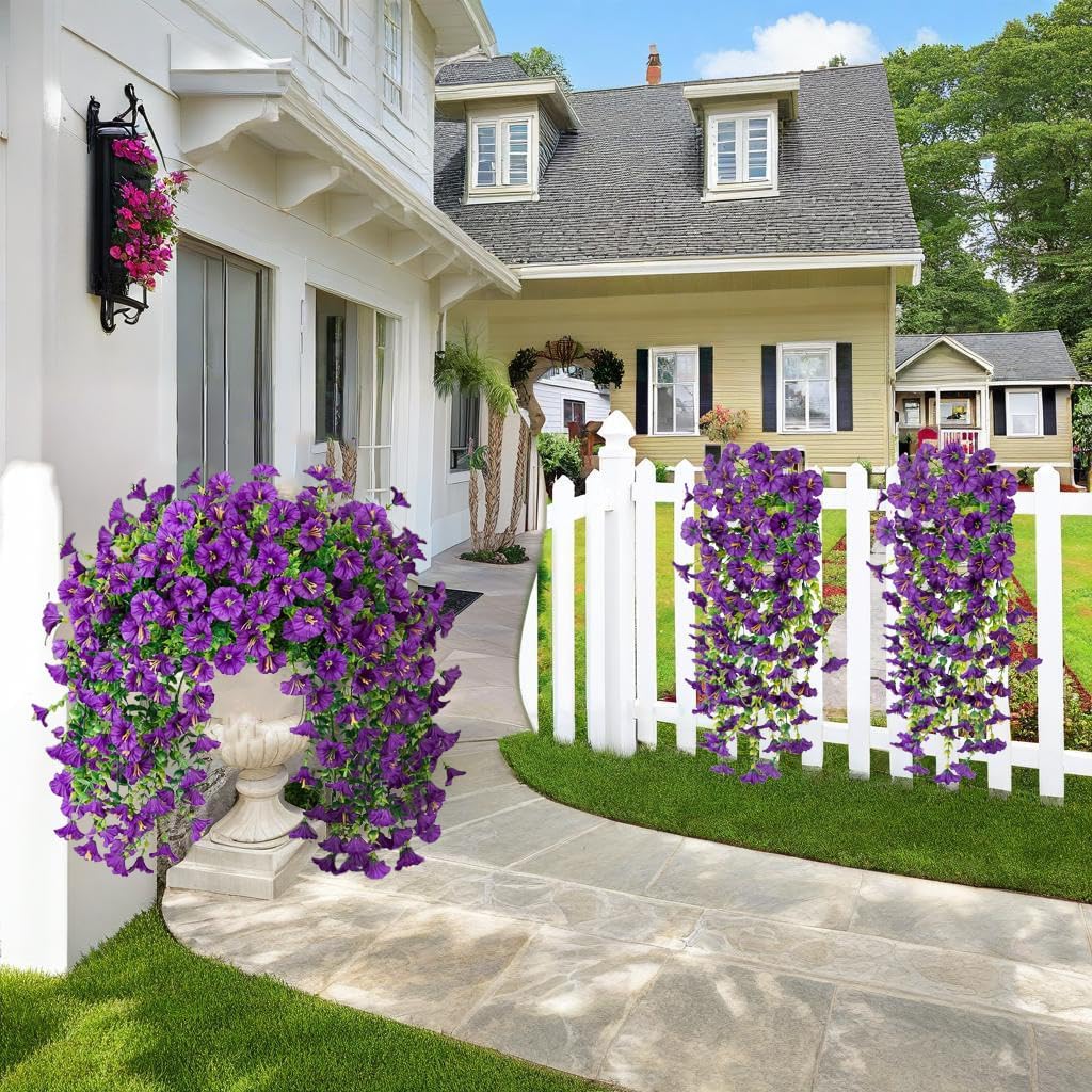 Jasion 4 Bundles Artificial Hanging Flowers Outdoor Realistic Morning Glory Silk Fake Plants UV Resistant for Porch Balcony Fence Decor (Purple)
