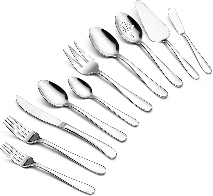 Onader 65 Piece Heavy Duty Silverware Set with Serving Pieces, Stainless Steel Cutlery Flatware Set for 12