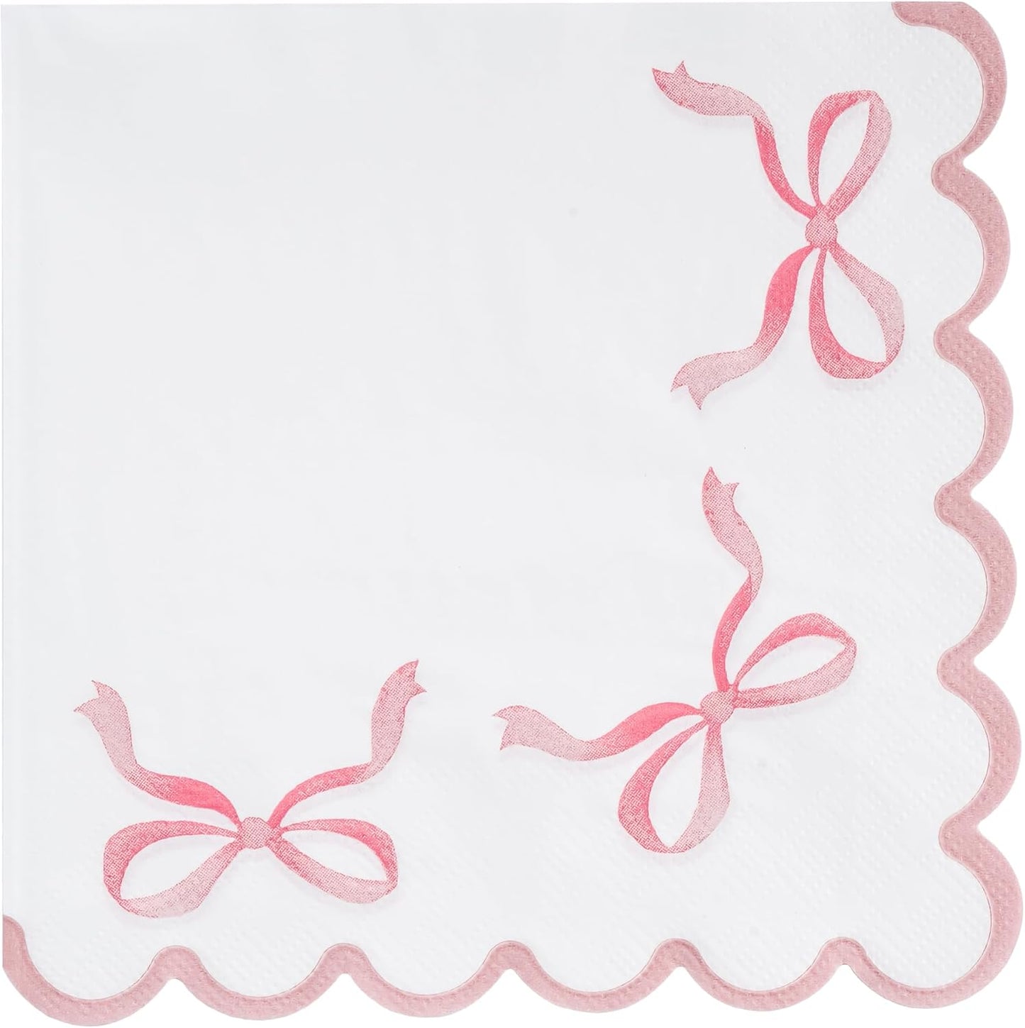 100 Pink Bow Paper Napkins Coquette Cute Disposable Party Napkins 6.5" Scalloped Edge White Pink Hand Towels for Birthday Bridal Bachelorette Party Supplies