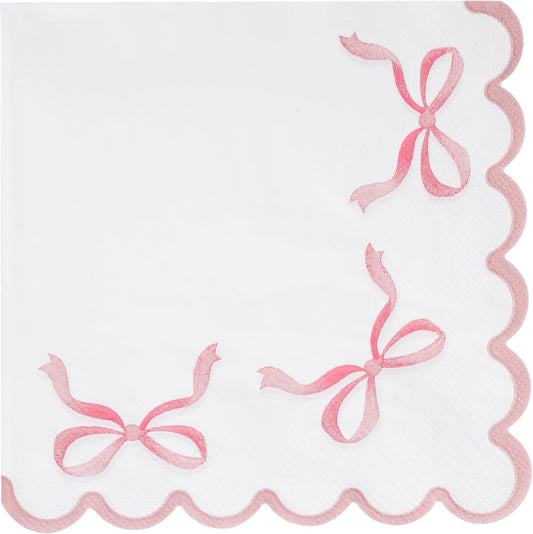 100 Pink Bow Paper Napkins Coquette Cute Disposable Party Napkins 6.5" Scalloped Edge White Pink Hand Towels for Birthday Bridal Bachelorette Party Supplies