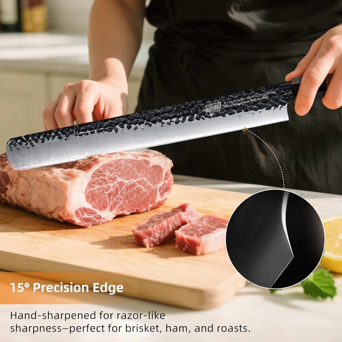 FINDKING Brisket Slicing Knife 12 Inch, Sharp Carving Knife for Meat, BBQ, High Carbon Steel Blade, African Rosewood Octagonal Handle (Dynasty Series)