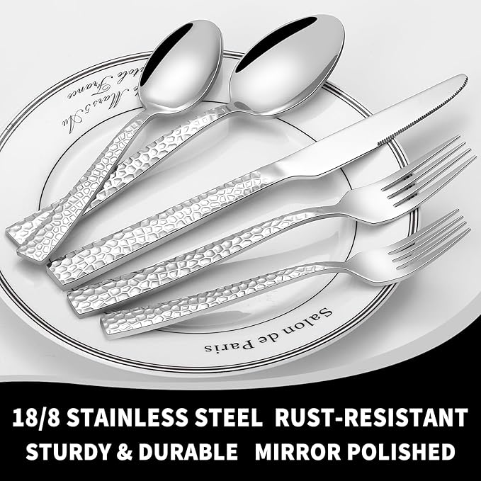Silverware Set for 12, Amafox 60-Piece Stainless Steel Hammered Flatware Set, Kitchen Utensil Cutlery Set Include Knives Forks and Spoons, Mirror Finished Silverware Sets, Dishwasher Safe