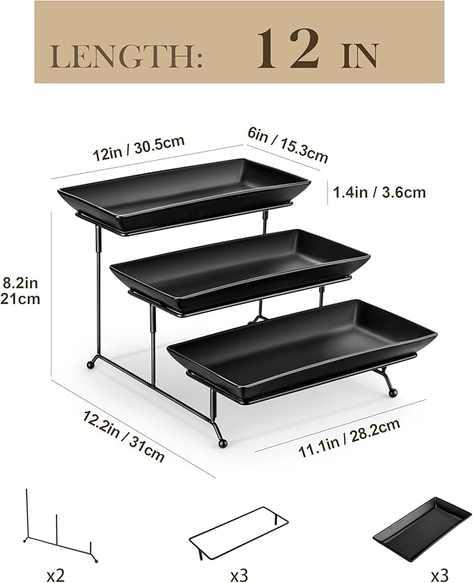 MALACASA 3 Tier Serving Trays for Party, Stoneware Serving Platters and Trays, 12 Inch Tiered Tray Stand, Fruit Tray, Trays for Serving Food, Black Dessert Stand with Collapsible Sturdier Metal Rack