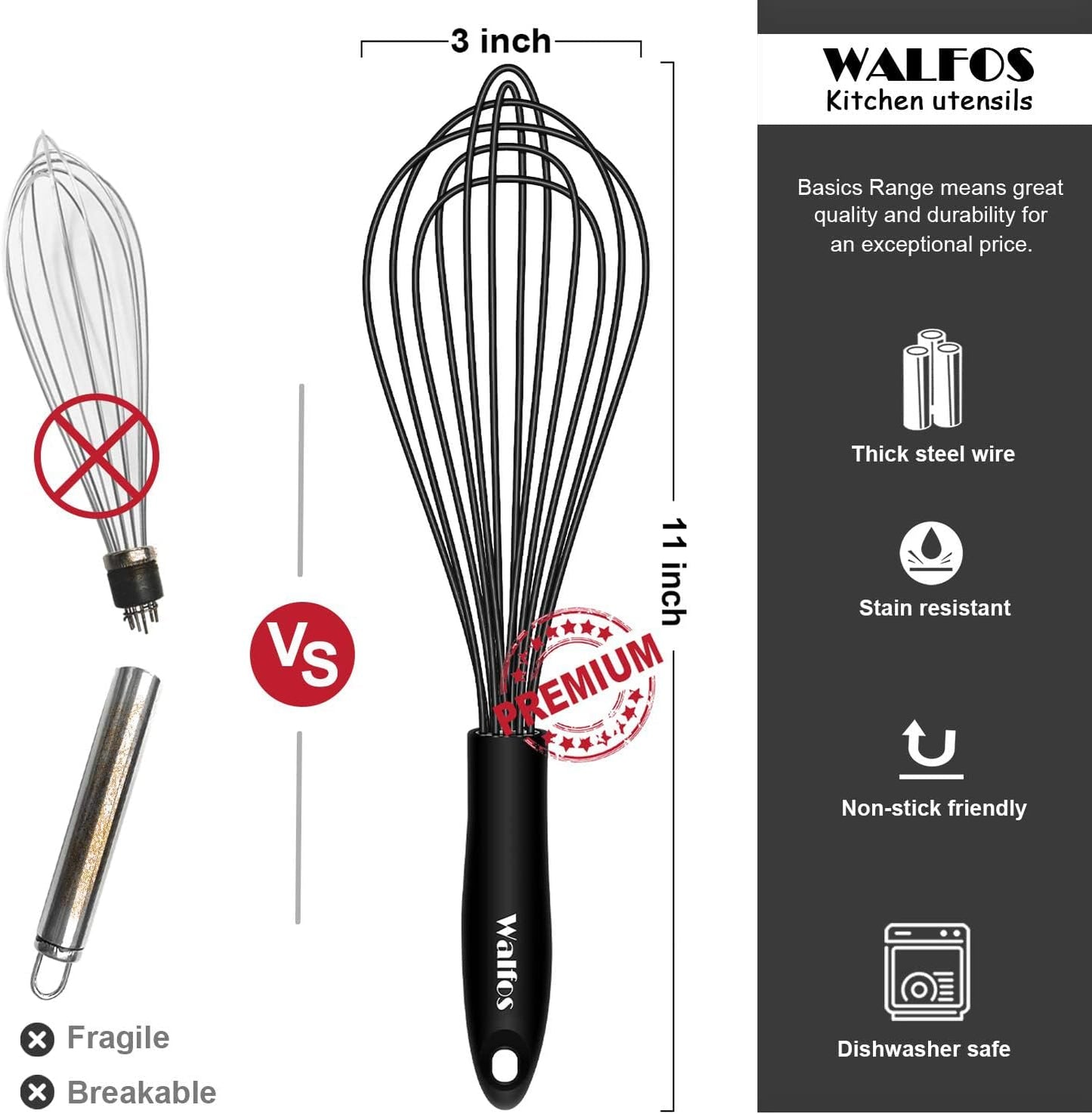 Walfos Silicone Whisk,11 Inch Silicone Whisks for Cooking Non Scratch,BPA Free Kitchen Whisk Heat Resistant (480°F) Perfect for Blending,Whisking,Beating,Mixing.Dishwasher Safe (Black）