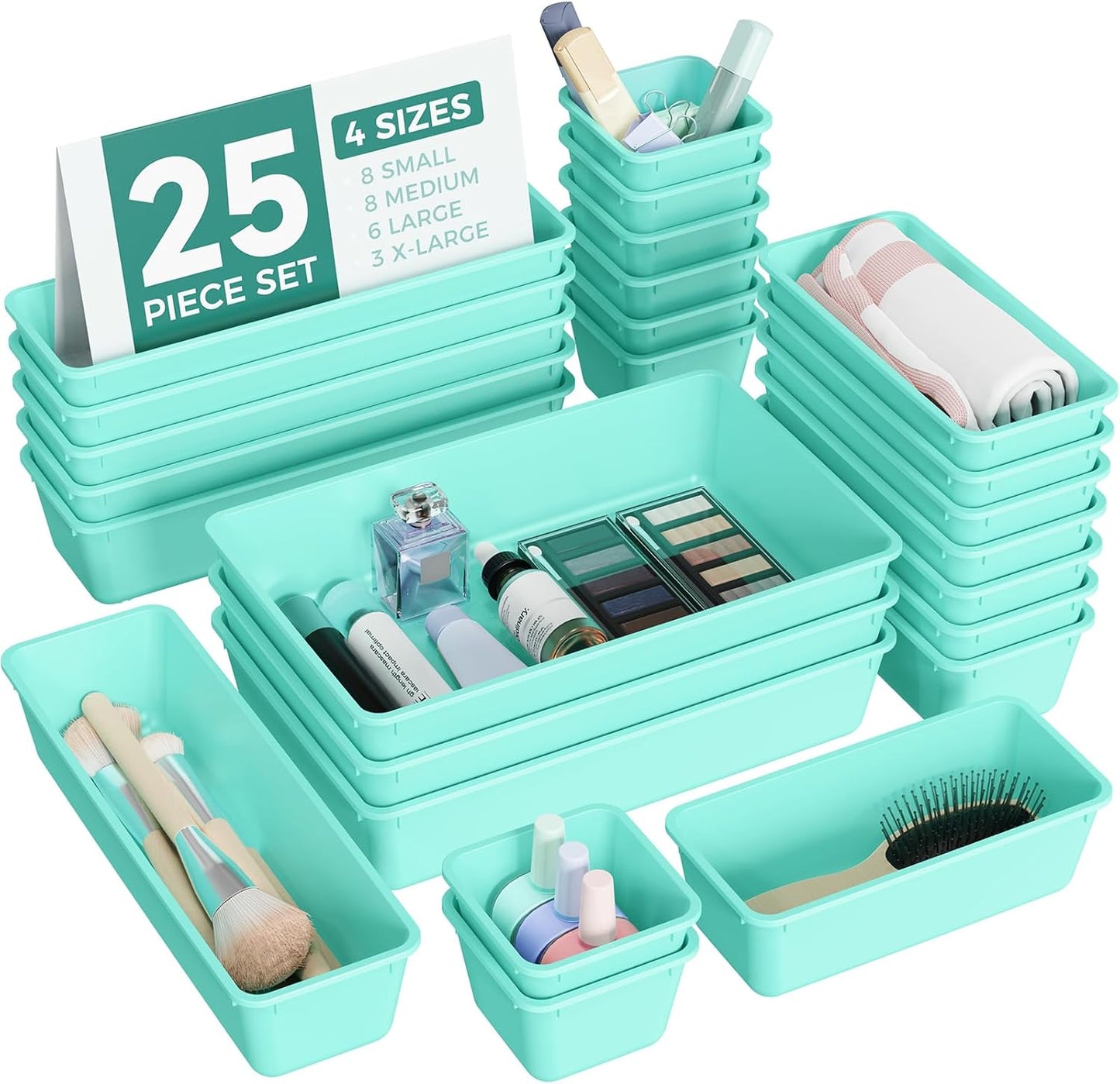 25 PCS Plastic Drawer Organizers Set, 4-Sizes Vanity and Makeup Organizer, Desk and bathroom Drawer Organizer Trays, Organizers and Storage for Makeup, Jewelry, Gadgets, Utensils (Blue)