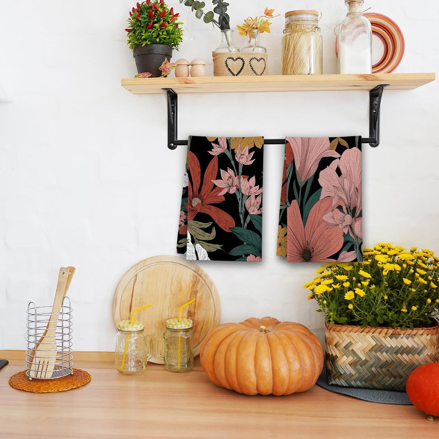 Boho Kitchen Towels, Colorful Flowers House Hand Towel Set of 2, Vintage Gifts for Home Bathroom Holiday Decor - A04