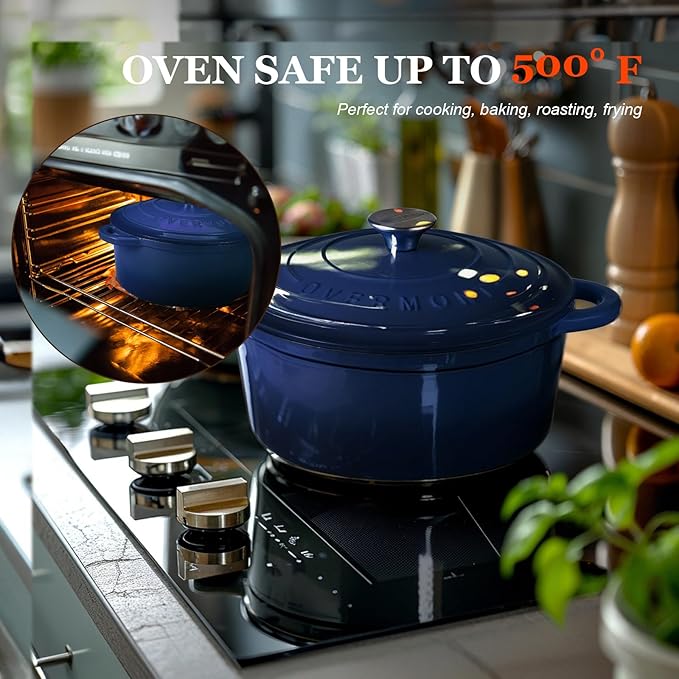 Overmont Enameled Cast Iron Dutch Oven - 5.5QT Pot with Lid Cookbook & Cotton Potholders - Heavy-Duty Cookware for Braising, Stews, Roasting, Bread Baking Indigo Blue