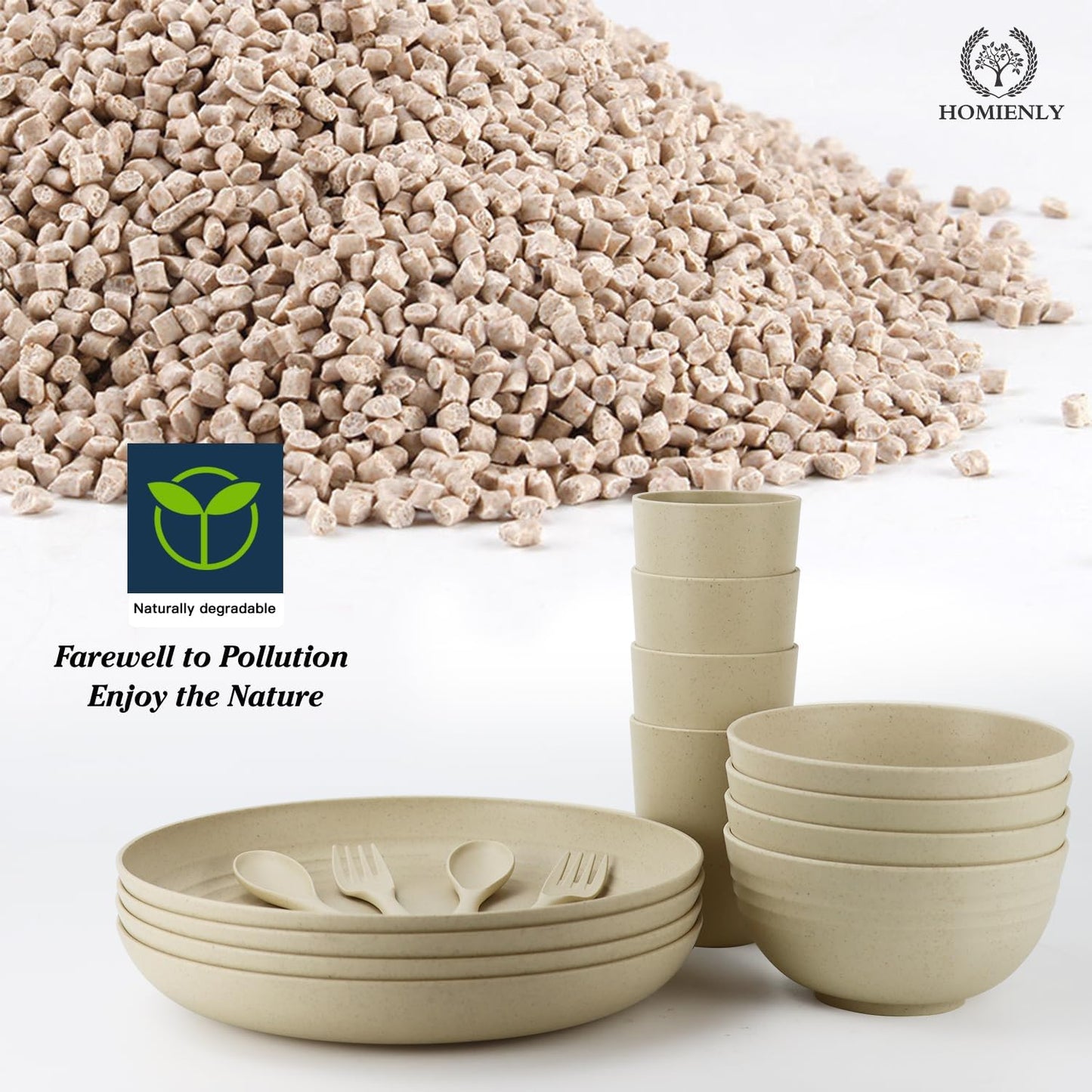 Homienly Wheat Straw Dinnerware Sets, 20pcs Lightweight Unbreakable Dinnerware, Microwave Dishwasher Safe Bowls Cups Forks Spoons set,Perfect for Camping Outdoor, Beige