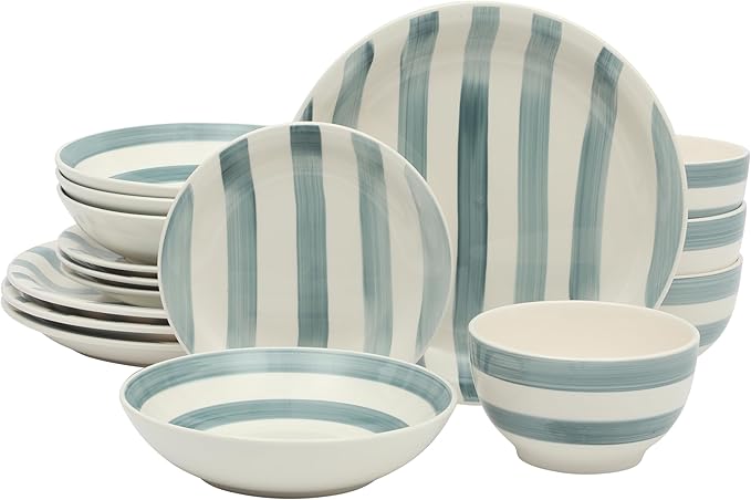 Gibson Home Kenwood Shores 16 Piece Dinnerware Set, Blue Striped, Hand-Painted Stoneware Dishes, Plates and Bowls, Service for 4, Microwave & Dishwasher Safe