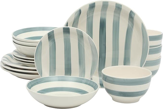 Gibson Home Kenwood Shores 16 Piece Dinnerware Set, Blue Striped, Hand-Painted Stoneware Dishes, Plates and Bowls, Service for 4, Microwave & Dishwasher Safe