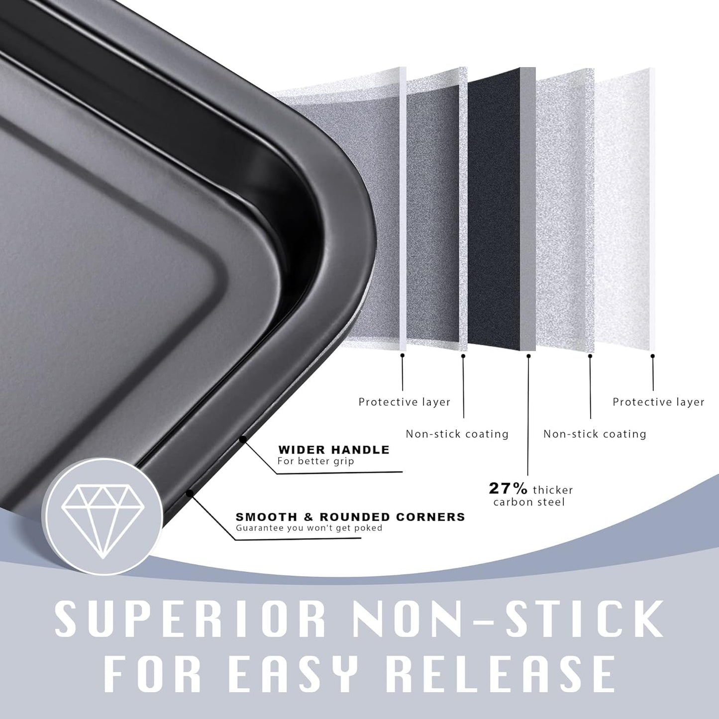 HONGBAKE 2 Pack Quarter Sheet Pan for Baking - Nonstick 13.8 x 9.8 Small Cookie Sheet with Wider Grips, 27% Thicker Carbon Steel Commercial Oven Tray - Black