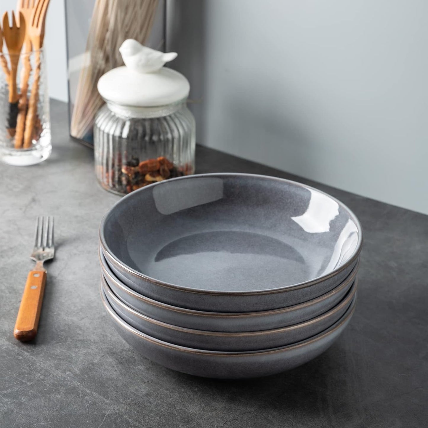 AmorArc 8.5'' Large Pasta Bowls, 36oz Stoneware Pasta Serving Bowls Set of 4 for Kitchen, Wide Bowls for Pasta,Salad,Fruit,Oatmeal, Microwave Safe, Reactive Glaze-Gray
