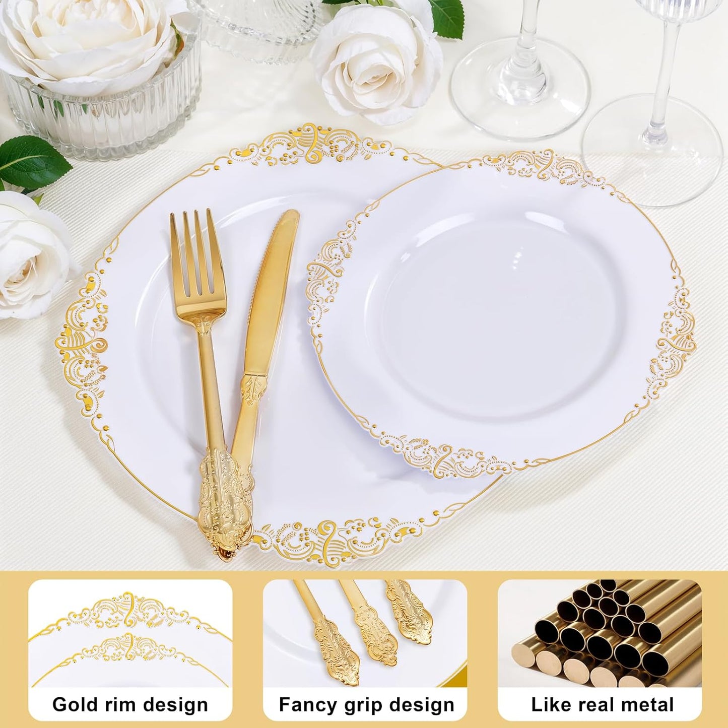 125PCS White and Gold Plastic Plates - Gold Disposable Plates with Plastic Silverware - Vintage Disposable Dinnerware Set for 25 Guests for Christmas Parties, Thanksgiving
