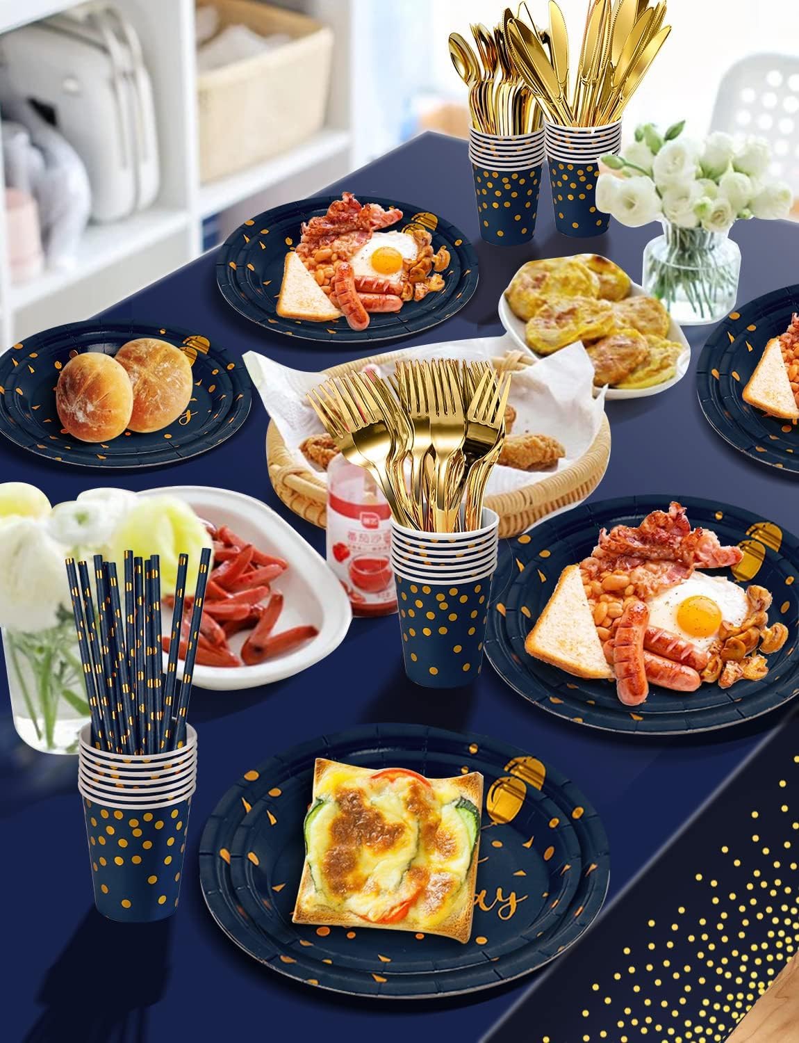 Birthday Party Tableware, 161 Pieces Navy Blue Gold Party Supplies, Party Dinnerware Sets Include Paper Plates Napkins Cups Silverware, for Shower Engagement Parties Decoration -20 Serves