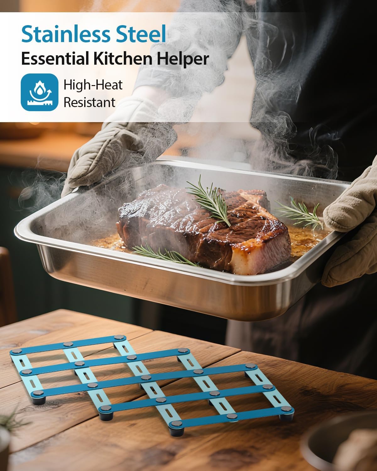 2 Pcs Stainless Steel Trivets for Hot Dishes, Two-Tone Blue Trivet Set, Large Hot Pads for Countertops&Table, Stretchable Design,Multi-Use, Heat Resistant Mat, Kitchen Pad for Pan, Pot, Plate,Teapot