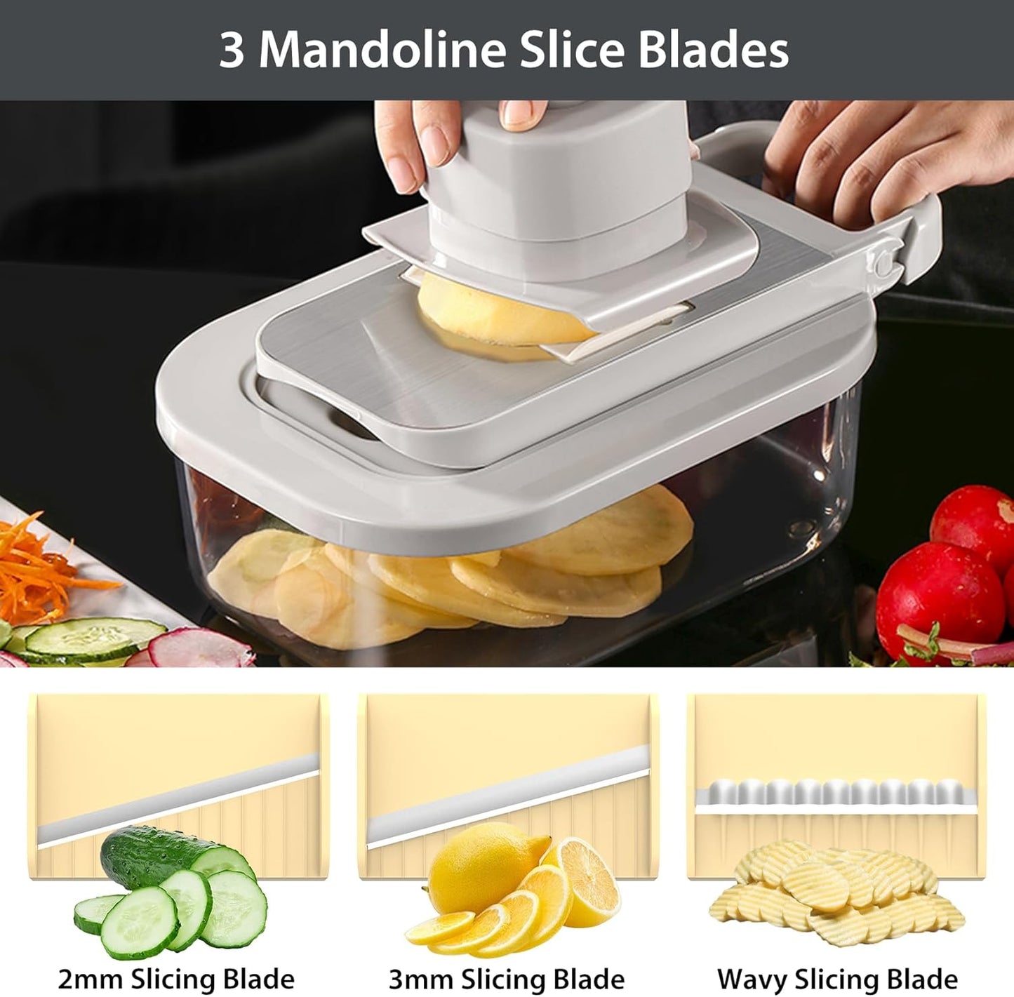11-in-1 Mandoline Slicer for Kitchen, Food Chopper with Container, Vegetable Dicer Onion Slicer, Veggie Cutter for Fruit Salad Kitchen Gadgets Essential Tools (Beige)
