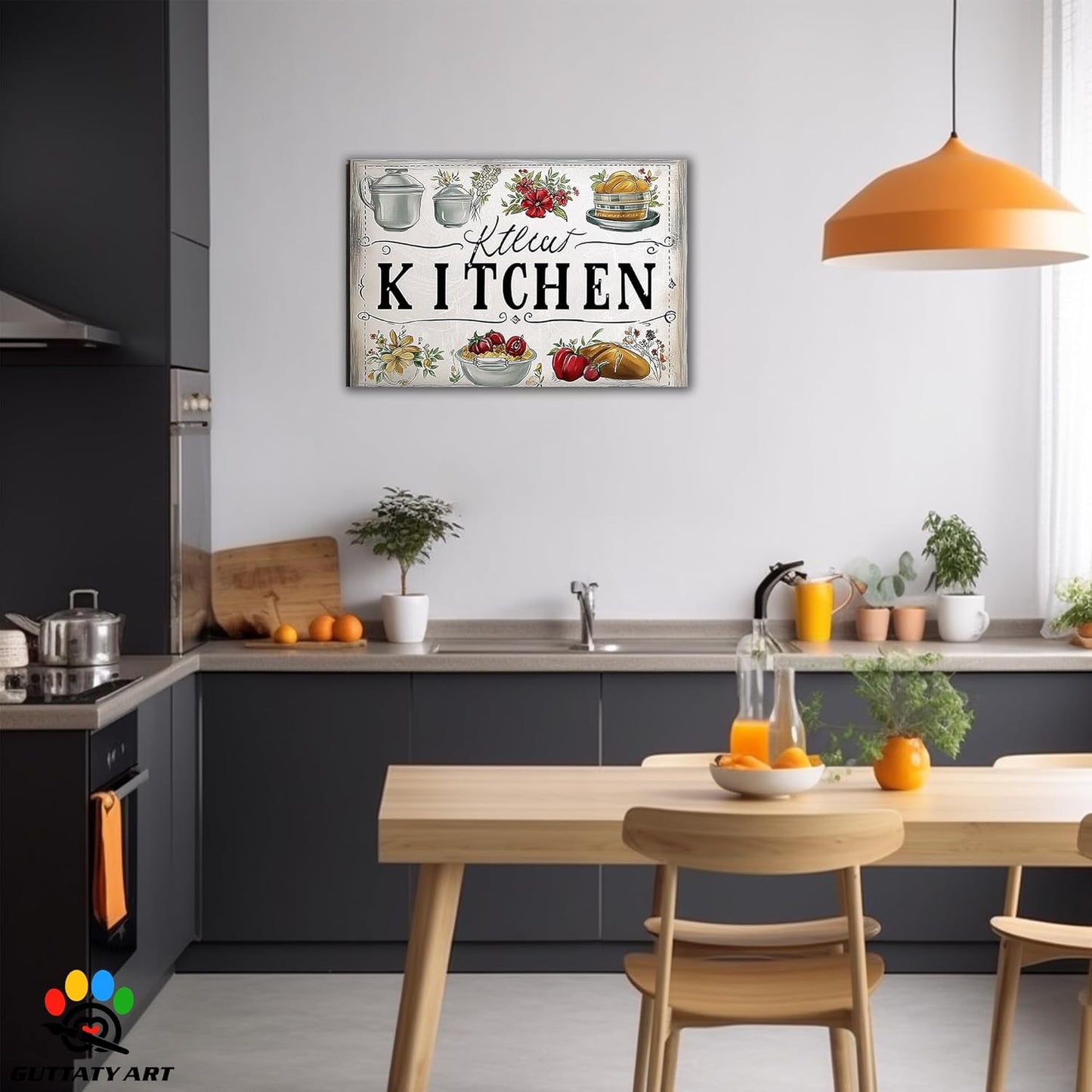 GUTTATY Kitchen Pictures Wall Decor, Farmhouse Wall Art Decor Colorful Vegetables and Flowers Painting for Dinning Room Restaurant Decor, Mother's Day Gift for Grandma Mom Hanging Artwork 24×36 Inch