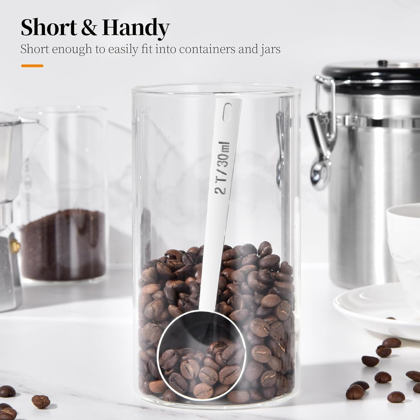 Long Handle Coffee Scoop: 18/8 Stainless Steel 5.98 Inch 2 Tablespoon Metal Measuring Spoon Tbsp Scoop for Coffee Beans, Grounds Coffee, Coffee Powder, Tea, Tall Jars (2Tbsp/30ml)