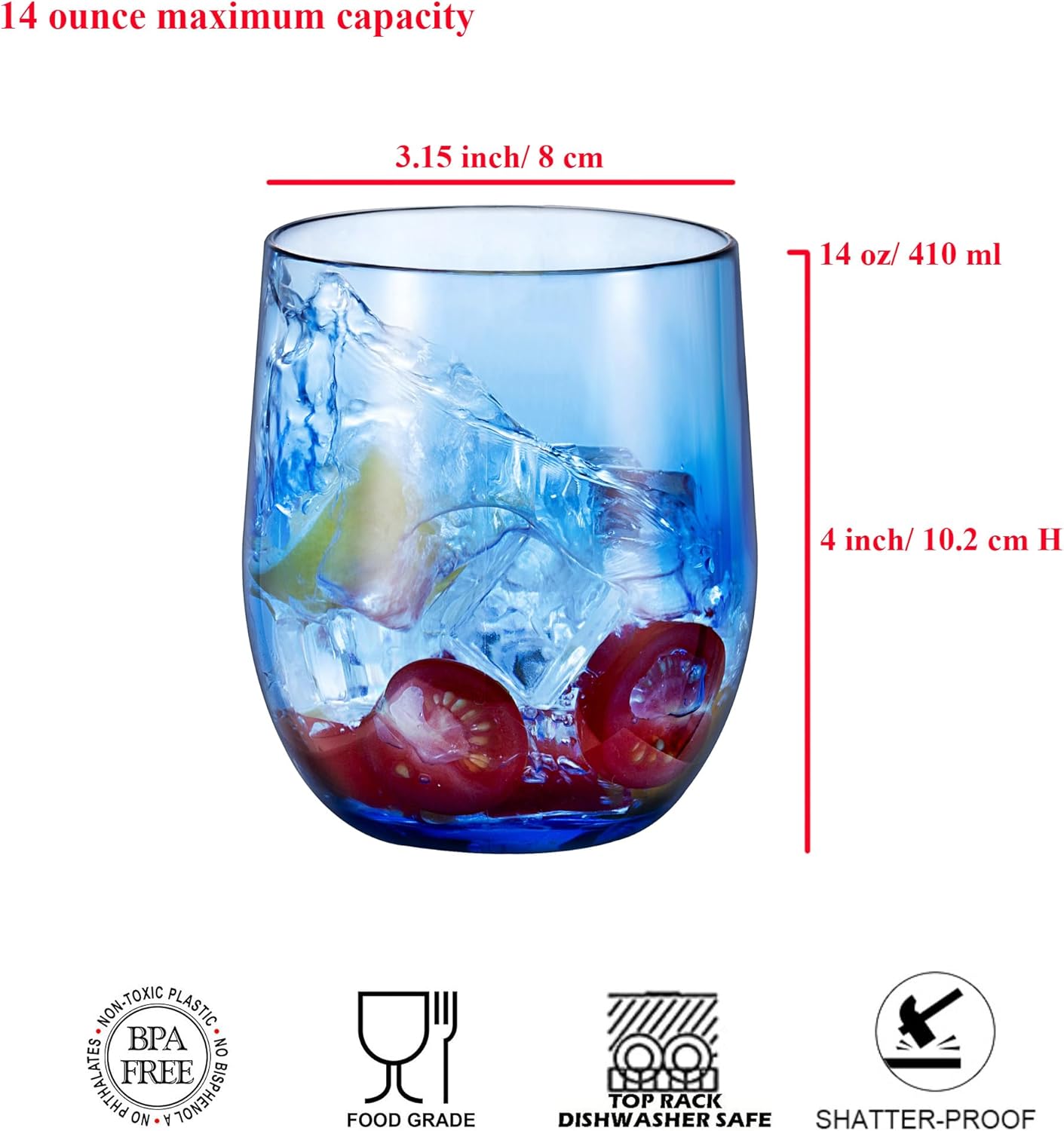 14-ounce Plastic Stemless Wine Glasses, All Purpose Arcylic Glasses, set of 6 Blue Reusable Shatter-resistant Dishwasher Safe