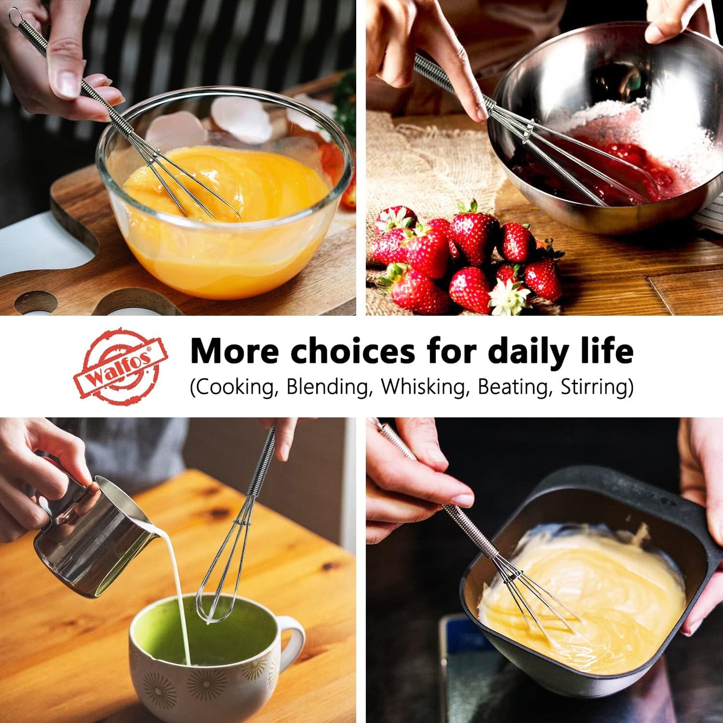 Walfos Mini Whisks Stainless Steel, Small Whisk 2 Pieces, 5in and 7in Tiny Whisk for Whisking, Beating, Blending Ingredients, Mixing Sauces