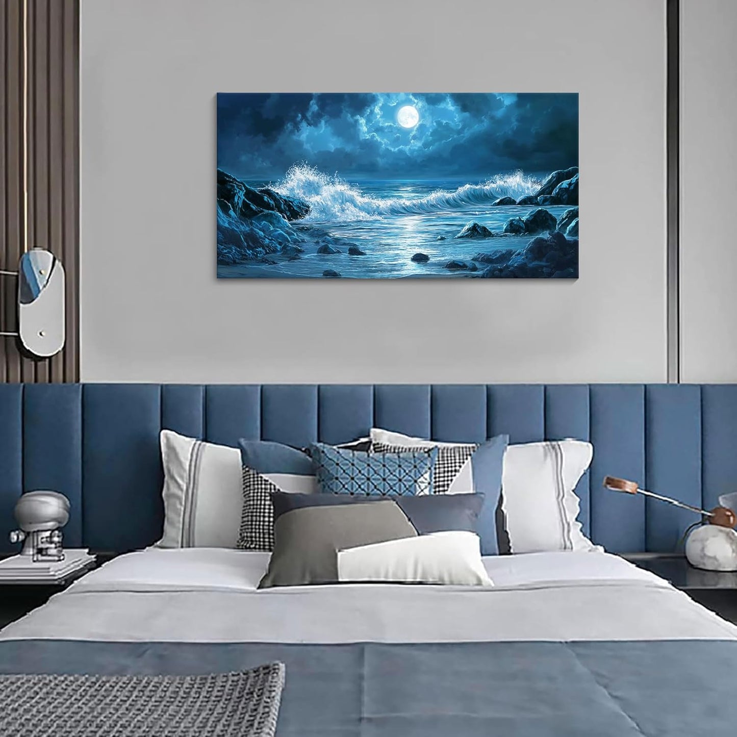 CHATYOUNG Blue Ocean Waves Landscape Wall Art, Beach Moon Sea Waves Night View Modern Canvas Wall Painting for Living Room Bedroom Office Bathroom Birthday Gift Home Decor 20x40 In
