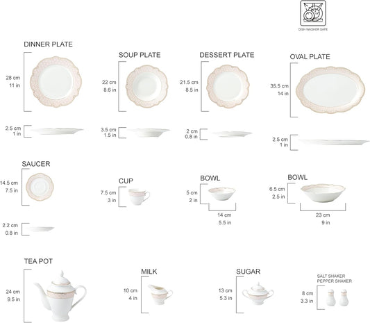 Joseph Sedgh Collection "Sandra" 57-Piece Bone China Dinnerware Set, Service for 8, Blush Pink and Gold