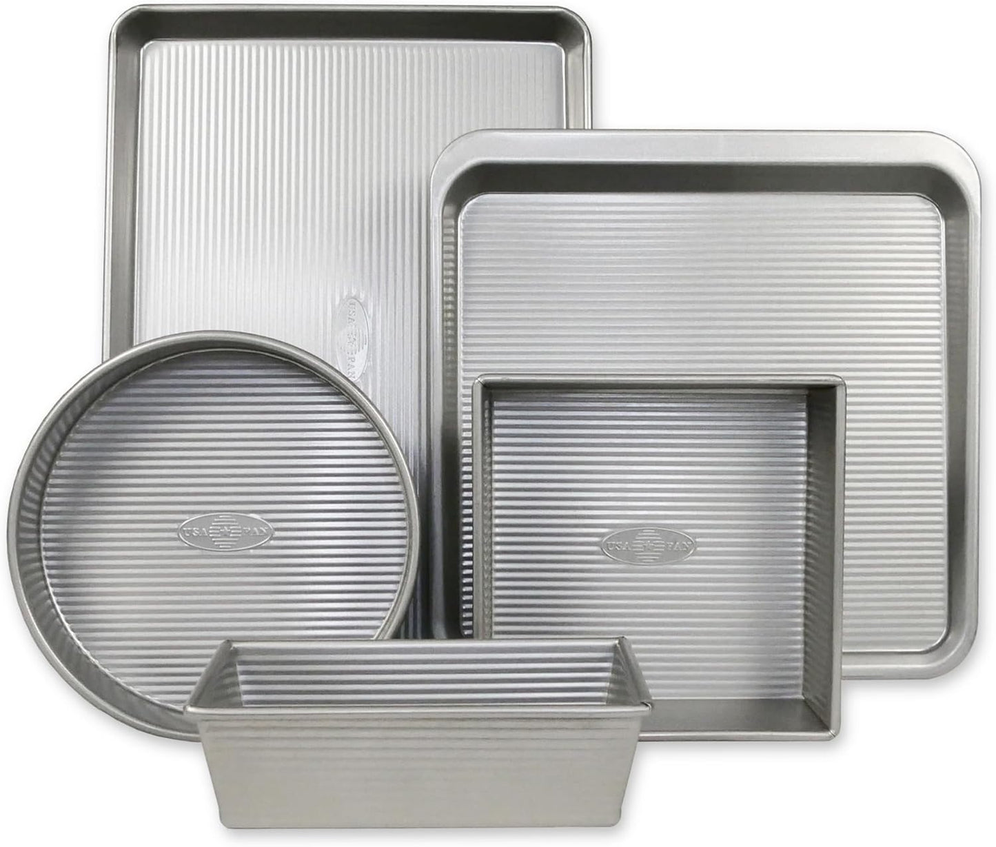 USA Pan Bakeware Aluminzed Steel 5-Piece Set Half, Cookie Sheet, Loaf, Square, Round Cake Pan