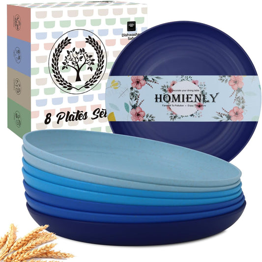 Homienly Dessert Plates Set of 8-8 inch Plate Set Wheat Straw Plates for Kitchen Unbreakable Plate for Dessert, Appetizer,Pancakes, Microwave & Dishwasher Safe Kitchen Essentials(Blue Series)