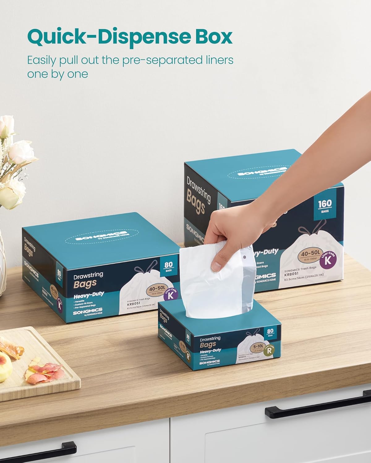 SONGMICS Trash Bags for 2.6-Gallon (10 L) Trash Cans, Drawstring Kitchen Garbage Bags, Pre-Separated, Quick-Dispense Box, Liner Code R, 2 Rolls, 80 Count, White UKRB011A02