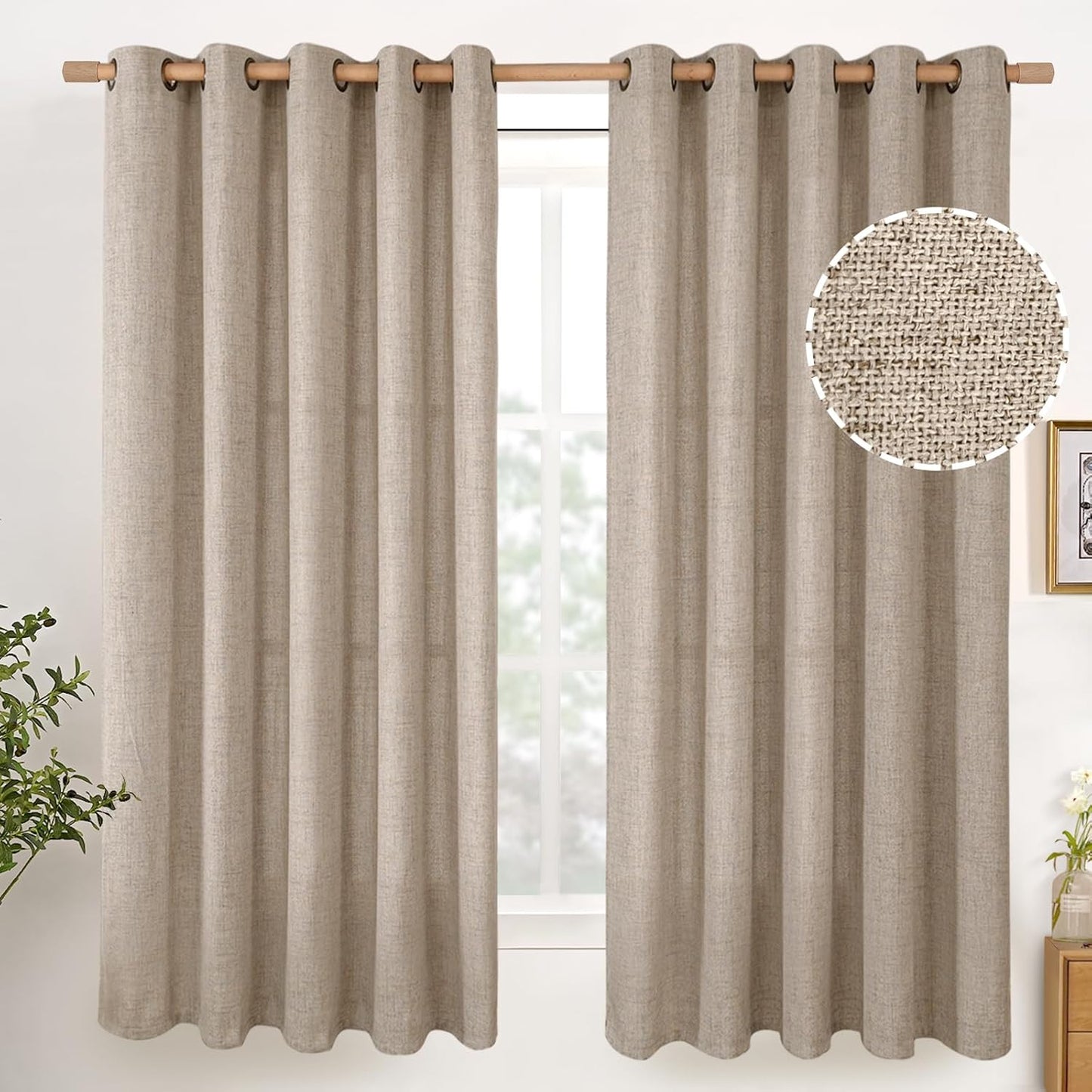 YoungsTex Linen Curtains 63 Inches Length Textured Short Drapes with Bronze Grommet 60 Inch Wide Light Filtering for Living Room Bedroom Dining Room, Dark Oatmeal, 60 x 63 Inch, 2 Panels