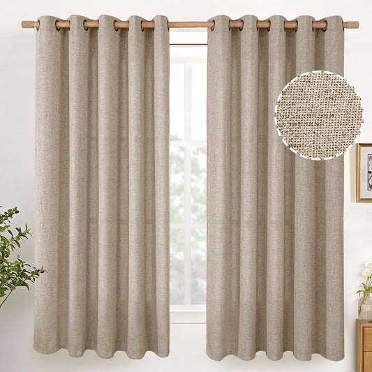 YoungsTex Linen Curtains 63 Inches Length Textured Short Drapes with Bronze Grommet 60 Inch Wide Light Filtering for Living Room Bedroom Dining Room, Dark Oatmeal, 60 x 63 Inch, 2 Panels