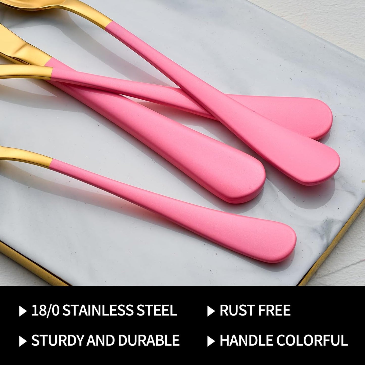20-Pieces Gold and Pink Silverware Sets for 4,Pink Handle Stainless Steel Cutlery Set, Include Forks Spoons and Knives Set, Dishwasher Safe Utensil Sets for Home Restaurant