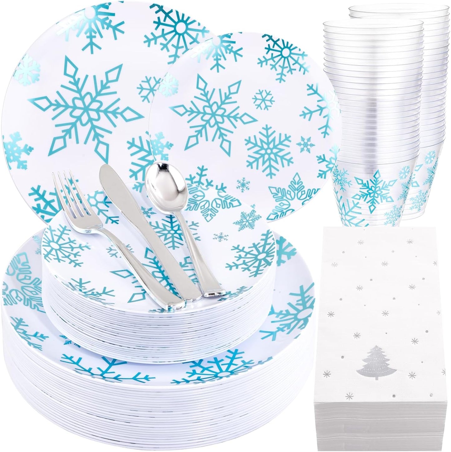 WDF 175Pcs Christmas Plates and Napkins Disposable Dinnerware Set for 25 Guests, White Blue Plates with Silverware, White Snowflake Cups and Festive Holiday Napkins Perfect for Christmas Winter